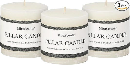 3x3 Inch White Pillar Candles - Set of 3, Hand-Poured Unscented, Long Burning, Smokeless Dripless for Dinner Table, Wedding, Home, Bathroom, Rustic Decor