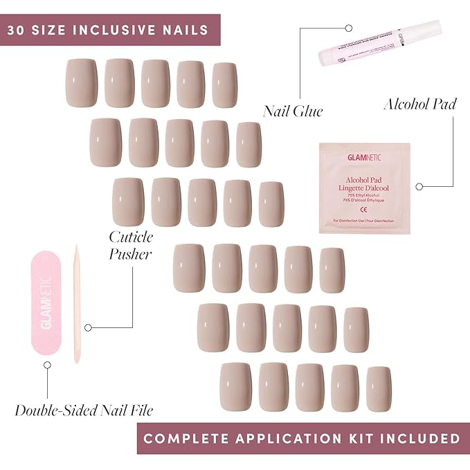Glamnetic Press On Nails - Bare Bliss | Medium Square Fake Nails, Nude Opaque Neutral, Salon Quality | 15 Sizes - 30 Nail Kit Wtih Glue