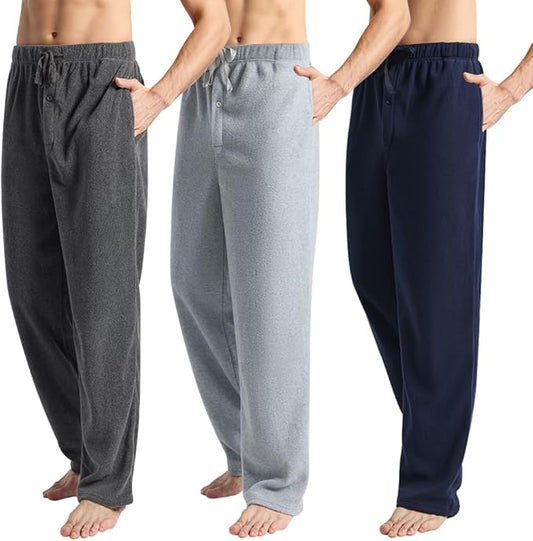 3 Pack Men's Fleece Pajama Pants Bottoms– Lounge Sleepwear Plaid PJs with Pockets and Button Fly
