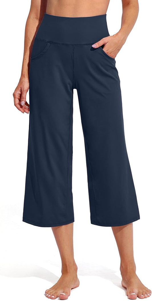 Promover Capri Pants for Women Wide Leg Yoga Cropped Pants with Pockets Loose Casual Summer Pants