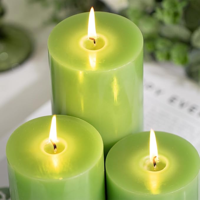 KONNI Green Pillar Candles Set of 3, 3"x 4" Unscented Pillar Candles Bulk, 39 Hours Long Burning Candles, Smokeless&Dripless Large Round Candle for Wedding, Home Decoration, Parties, Spas, Dinner