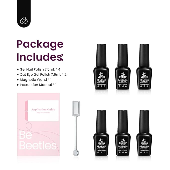 Beetles Cat Eye Gel Nail Polish Set, 6 Colors Brown Purple Glitter Nude Sparkle Stunning Champagne Burgundy Gold lavender Magnetic Effect Nail U v Gel Polish Art Design Gifts for Women