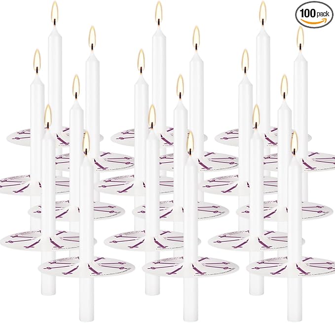 100 pcs Church Candles with Drip Protectors for Devotional Candlelight Vigil Service, Unscented White 5" H X 1/2" D, No Smoke, Shabbat, Praye