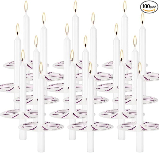100 pcs Church Candles with Drip Protectors for Devotional Candlelight Vigil Service, Unscented White 5" H X 1/2" D, No Smoke, Shabbat, Praye