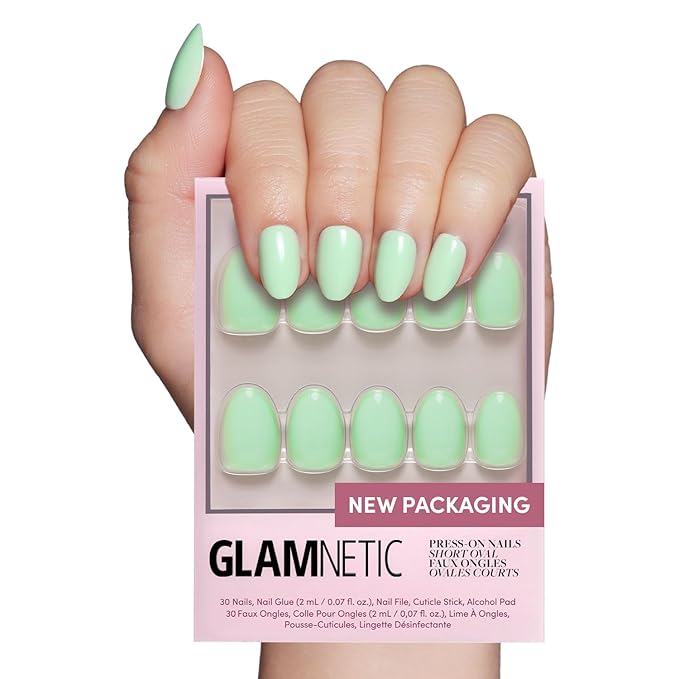Glamnetic Press On Nails - Mint Green | Solid Opaque Pastel Green Short Oval Nails, Salon Quality | 15 Sizes - 30 Nail Kit