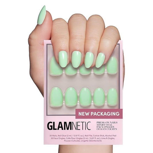 Glamnetic Press On Nails - Mint Green | Solid Opaque Pastel Green Short Oval Nails, Salon Quality | 15 Sizes - 30 Nail Kit