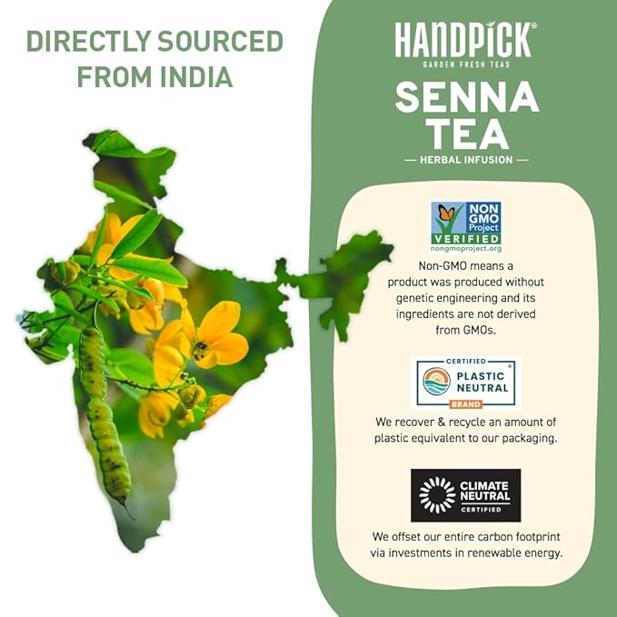 HANDPICK, Senna Tea Bags (50 Count) Non-GMO, Caffeine Free, Senna Leaves- Mild Taste | Premium Round Eco-conscious Tea Bags