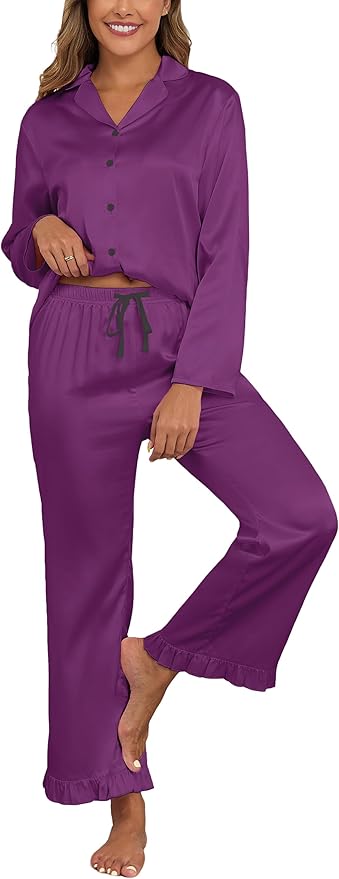Veseacky Womens Satin Pajama Set Silk Pjs Button Down Long Sleeve Sleepwear Loungewear Sleepwear 2 Piece Pjs Set S-XXL