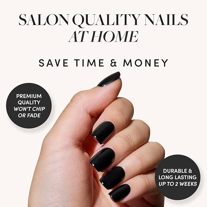 Glamnetic Press On Nails - Jet Black | Short Squoval Black Fake Nails with a Glossy Finish, Salon Quality Halloween Nails | 15 Sizes - 30 Nail Kit with Glue
