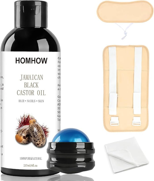 Castor Oil Pack Wrap & Organic Castor Oil (8fl.oz/237ml), Caster Oil Wrap with Roller Ball, Reusable Caster Oil Packs for Neck, Stomach and Entire Body