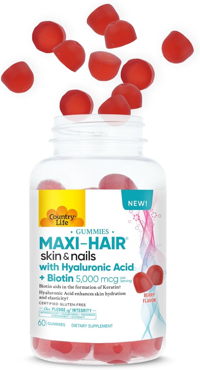 Country Life Maxi-Hair Skin & Nails Gummies with Hyaluronic Acid & Biotin 5,000 mcg – Supports Hair Growth, Skin Hydration & Nail Strength – Vegan, Gluten Free – 60 Gummies