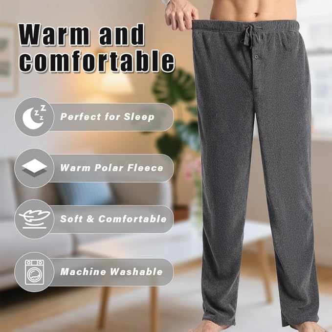 3 Pack Men's Fleece Pajama Pants Bottoms– Lounge Sleepwear Plaid PJs with Pockets and Button Fly