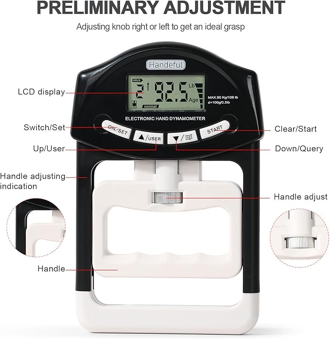 Handeful Grip Strength Tester, Hand Grip Dynamometer (198Lbs / 90Kgs), Electronic Handgrip Testing for Sports Home School Use