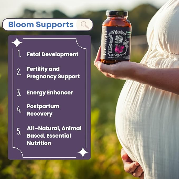 Birthright Complete Prenatal Supplement for Fetal Development… Folate, Choline + DHA, from Grass Fed Liver, Fish Eggs, Colostrum, Bone Marrow, with All Natural Herbal Blend Bloom