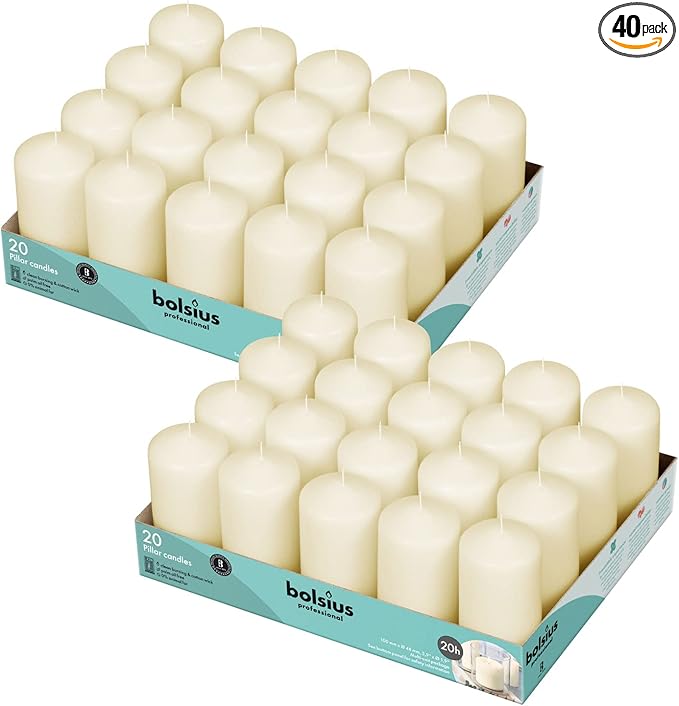 BOLSIUS Ivory Pillar Candles - 2x4 Inches - 2 Packs = Total 40 Candles - 20+ Hours - Premium European Quality - Consistent Smokeless Flame - Unscented Dripless Pillars