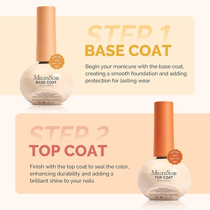 MelodySusie Plant-Based 16.5ml 2Pcs Gel Base and Glassy Top Coat Set, Unique Tilt-and-Stand Bottle for Easy Gel Access, TPO&HEMA&HPMA Free, No Wipe Foundation for UV Light Cured with Long Wear Shine