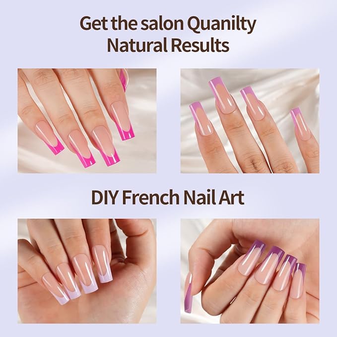 Misssix XBASICTIPS French Tip Press On Nails, 150Pcs Purple French Gel Nail Tips Long Square, Soft Gel Pre-shaped No Need to File 3 in 1 Tips, Fake Nails for Nail Art DIY Extension Designs 15 Sizes