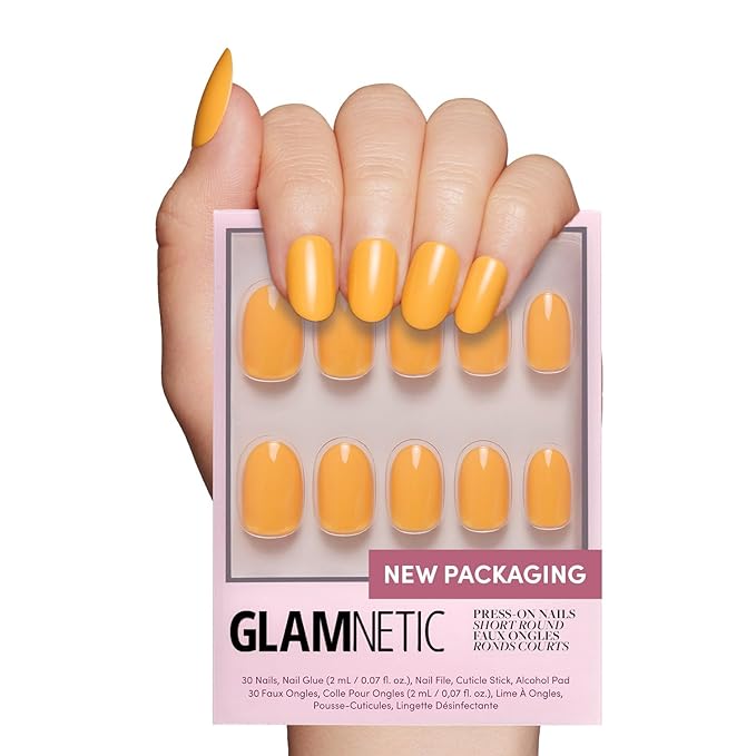 Glamnetic Press On Nails - Sunset Orange | Opaque Trendy Orange Short Round Fake Nails, Salon Quality | 12 Sizes - 30 Nail Kit