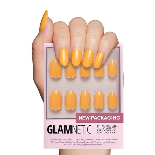 Glamnetic Press On Nails - Sunset Orange | Opaque Trendy Orange Short Round Fake Nails, Salon Quality | 12 Sizes - 30 Nail Kit