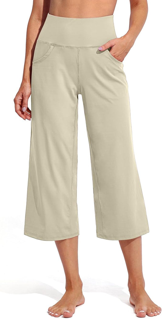 Promover Capri Pants for Women Wide Leg Yoga Cropped Pants with Pockets Loose Casual Summer Pants