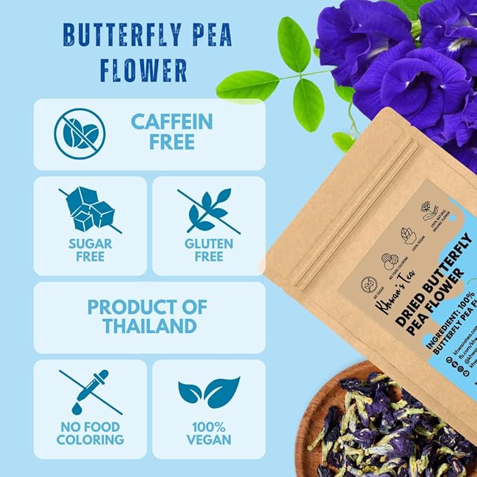 KHWAN'S TEA Dried Butterfly Pea Flowers Blue Tea Clitoria Ternatea Flower Herbal Tea, Caffeine Free, Vegan Plant Based, 3.53 oz (100g)
