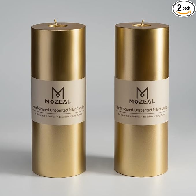MOZEAL 3" x 8" Hand-Poured Unscented Large Candle,Smokeless Rustic Pillar Candle Set of 2,Slow Burn,No Drip,Approx 150 Hours Burning,Wedding,Dinner,Christmas and Home Decorative,Tall Gold Candle
