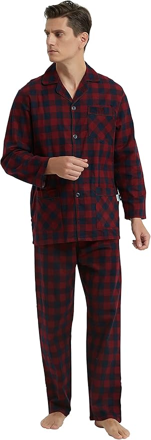 GLOBAL Men's Pajamas Sets 100% Cotton Flannel Sleepwear Long-Sleeve top & Bottom
