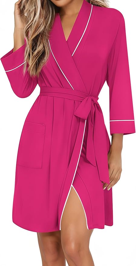 Ekouaer Women Robes Shawl Collar Bathrobe Short Kimono Robe Soft Knit Bathrobes Ladies Sleepwear with Pockets S-XXL