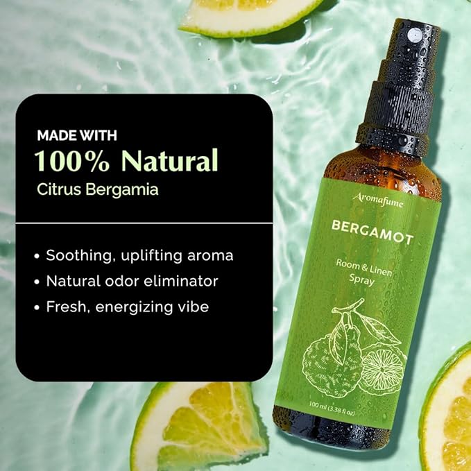 Bergamot Room, Linen & Pillow Spray by Aromafume | 100ml/3.38 fl oz | with Pure Bergamot Essential Oil | Aromatherapy Spray for Relaxation, Sleep & Stress Relief | Mist for Bedding, Fabric