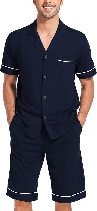 COLORFULLEAF Men's 100% Cotton Short Sleeve Pajama Sets Button Down Notched Collar Sleepwear Soft Lounge Pjs with Pockets