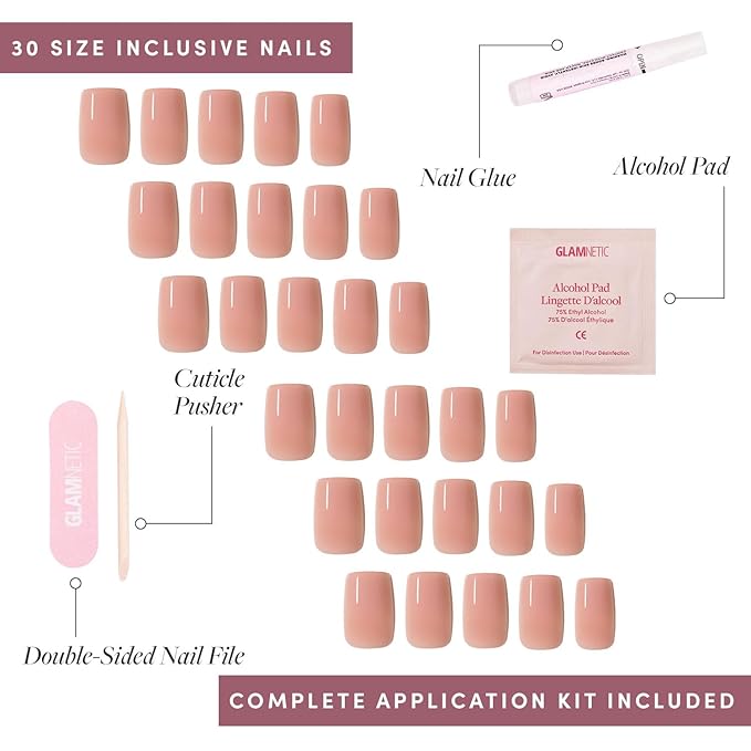 Glamnetic Press On Nails - In The Nude | Medium Square Fake Nails, Sheer Nude Neutral, Salon Quality | 15 Sizes - 30 Nail Kit