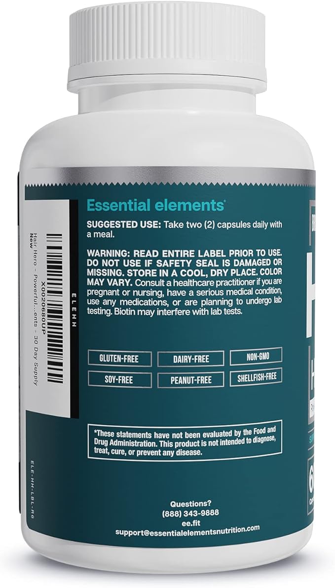 Essential Elements Hair Hero - Hair Supplement for Women and Men - Powerful Hair Vitamin Formula for Hair Growth & Thickness - Healthy Hair, Skin, and Nails Product - 5000 mcg Biotin, 30 Day Supply