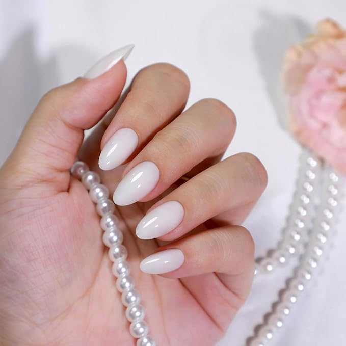 White Press on Nails Short - Soft Gel Almond Press on Nails for Women Gift, Fit Perfectly & Natural Glue on Nails in 16 Sizes - 32 Reusable Fake Nails with Glue, Milky White