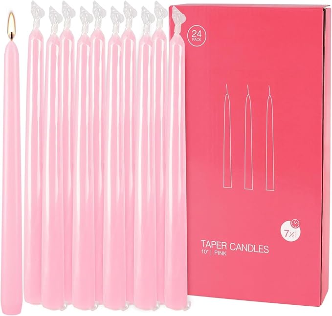 24 Pack Pink Taper Candles, 7-8 Hours Burn Time, Unscented, Smokeless and Dripless, 0.75 x 10 Inch Dinner Candle Set for Valentine's Day,Household, Wedding, Party and Home Décor Candlesticks