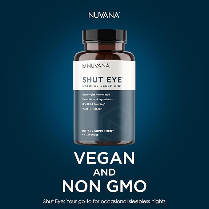 Shut Eye Natural Sleep Aid Supplement for Adults | 5mg Melatonin | Helps Relax and Promote Natural Deep Sleep with Valerian Root, Chamomile & Magnesium | Vegan & Non-GMO | 60 Capsules