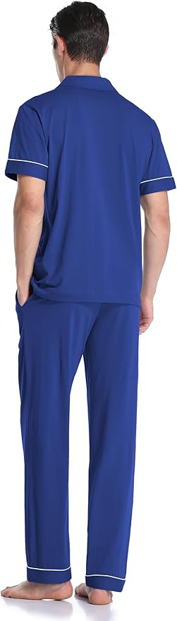 COLORFULLEAF Men's 100% Cotton Pajamas Set Button Down Sleepwear Short Sleeve and Long Pants Pjs
