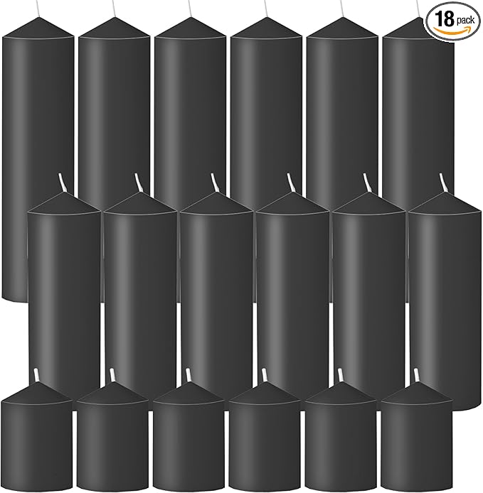18 Pcs Black Pillar Candles Bulk Set，Hurricane Candles，3 Different Lengths (6 Each)，Dripless Unscented Smokeless，Gives You a Better Atmosphere When Organizing Wedding or Event Party.