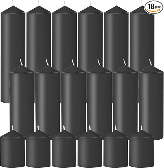 18 Pcs Black Pillar Candles Bulk Set，Hurricane Candles，3 Different Lengths (6 Each)，Dripless Unscented Smokeless，Gives You a Better Atmosphere When Organizing Wedding or Event Party.