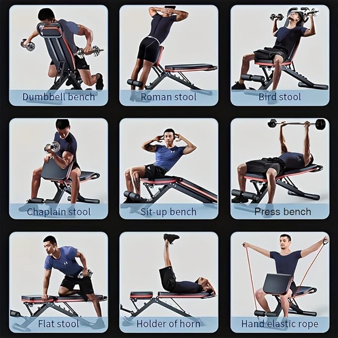 Adjustable Exercise Chair for Home Gym – Foldable Back Extension Bench for Core, Hip & Lower Back Workout – Multi-Functional Hyperextension Bench with Tension Rope for Full-Body Exercise