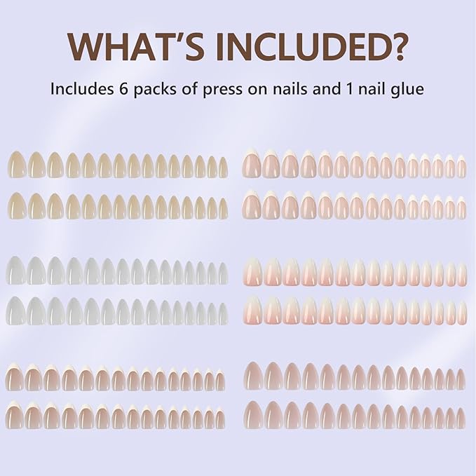 6 Packs Press On Nails Almond, Misssix French Tip Press On Nails Short, Reusable Glue On Nails, Gel Fake Nails for Women, Stick On Nails Kit 15 Sizes-6 styles in total