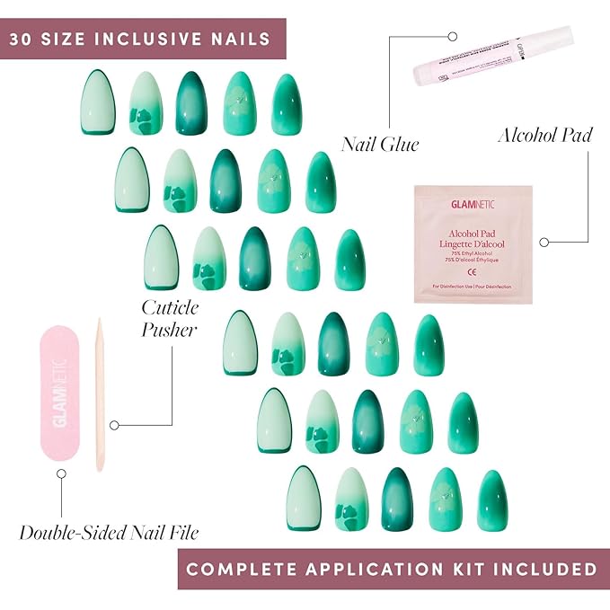 Glamnetic Press On Nails - Siren Green | Short Almond Fake Nails with an Aquamarine Gradient and Tropical Flower Accents, Salon Quality Summer Nails | 15 Sizes - 30 Nail Kit with Glue