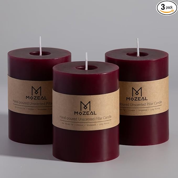 MOZEAL 3" x 4" Hand-Poured Unscented Burgundy Candle, Dripless Maroon/Dark Red Pillar Candle Set of 3, Long Clean Burning, Approx 72 Hours Burn Time, Rustic Country Style, Home Decor