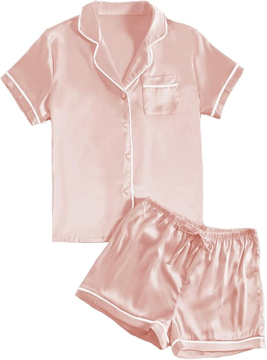 LYANER Women's Satin Silky Short Sleeve Button Shirt Sleepwear 2Piece Pajama Set
