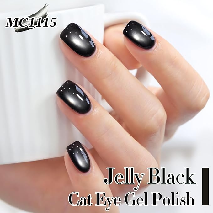 Double Rhythm Jelly Glass Cat Eye Gel Polish with Magnet 15ML Holographic Glitter Shimmer Translucent Sheer Color Magnetic Nail Polish Salon DIY at Home (Jelly Black-MC1115)