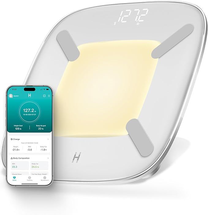 Homedics Digital Smart Scale, Motion-Sensing LED Display, 13 Body Metrics Analysis, Bluetooth Sync, Multi-User Recognition, High-Precision Weight Measurement Up to 400 lbs, White