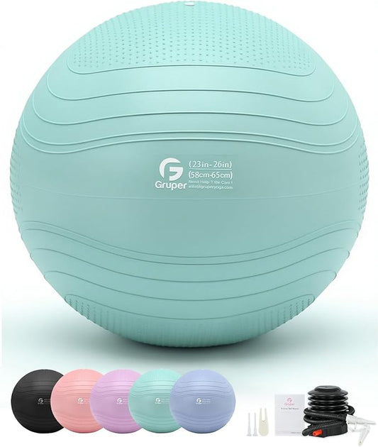 Gruper Yoga Ball, Extra Thick Exercise Ball for Workout Pregnancy Stability - 4 Sizes Anti Burst Balance Ball for Yoga, Pilates, Fitness, Birthing, Physical Therapy - Includes Pump