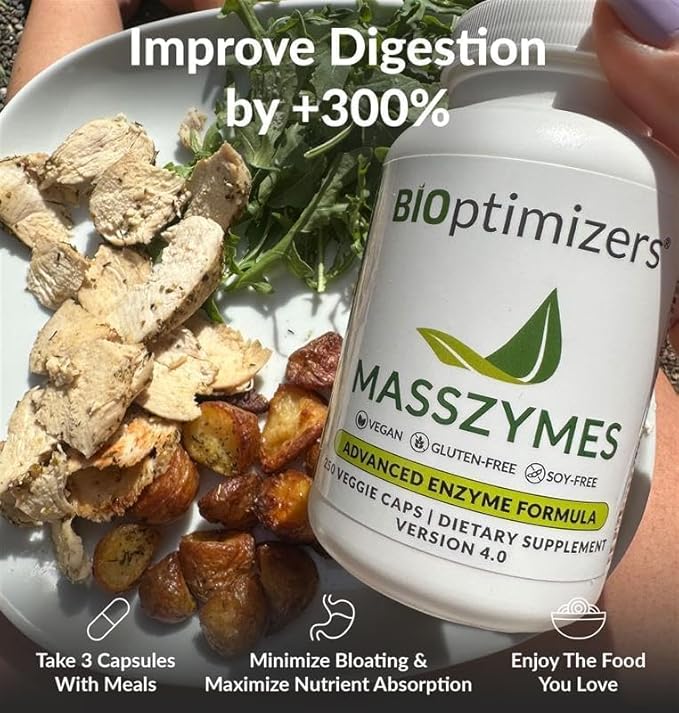 BIOptimizers MassZymes - Complete Digestive Enzymes Supplement for Gut Health - Bloating Relief for Men and Women - Lipase Amylase Bromelain Digestive Enzymes (30 Capsules)