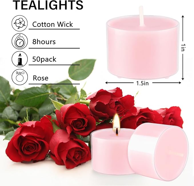 Rose Scented Candle Tealight Candles in Clear Cup, 8 Hours Consistent Smkless Clean Burning, Great for Holiday, Wedding, Spa, Emergency and Home Decoration（Pink，50 Pack）