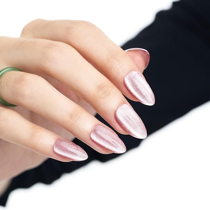 GLAMERMAID Pink Magnet Cat Eyes Press on Nails Short Almond, Handmade Jelly Gel Fake Nail Kits, Ombre Glitter Magnetic Glue on Nail Stiletto, Aurora Medium Oval Stick on False Nail Set for Women