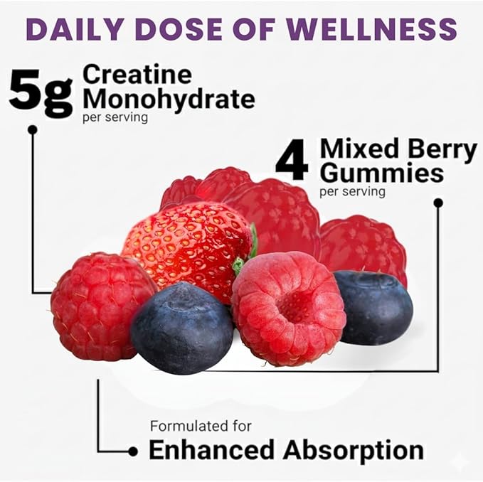 Sugar Free Creatine Gummies 5000mg — 22% More Strength, 7X Energy, 3X Absorption & Muscle Recovery, Cognitive Health — 99.9% Pure Vegan Creatine Monohydrate Gummies for Men and Women (30-Day Supply)